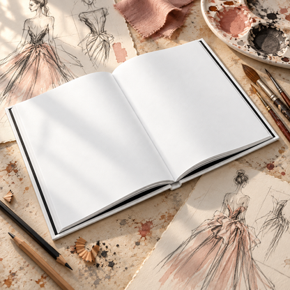 An open blank sketchbook with white pages lies on a styled tabletop surrounded by fashion illustration drawings, pencils, paintbrushes, a paint palette, and fabric swatches.
