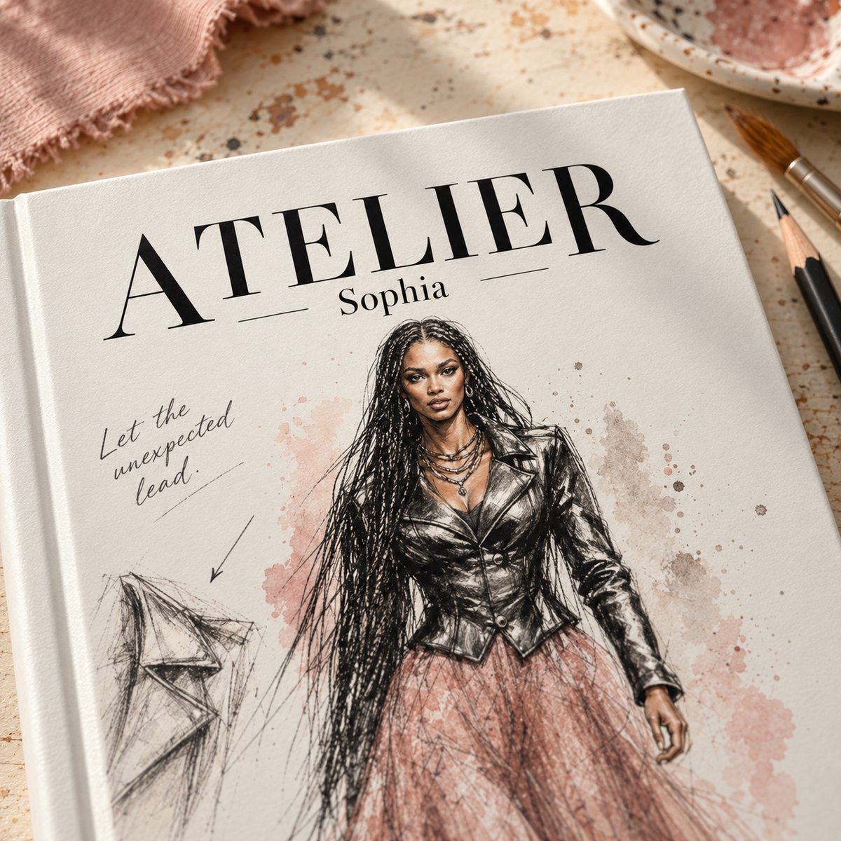 A fashion-themed book or journal titled 'ATELIER Sophia' lies open on a styled tabletop. The cover features a fashion illustration of a woman in a dark corset and pink skirt, with the phrase 'Let the unexpected lead.