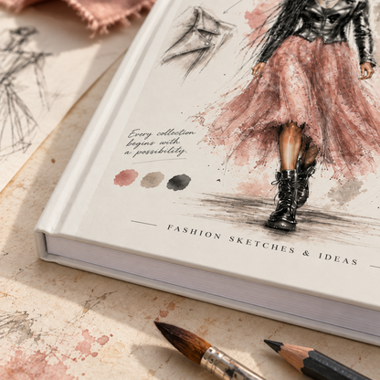 A hardcover sketchbook titled 'Fashion Sketches & Ideas' lies open on a textured paper surface, featuring a fashion illustration of a person in a pink skirt and black boots. A paintbrush and pencil are placed in the foreground, with pink paint splatters visible on the surrounding paper.