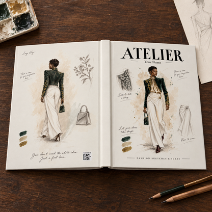 An open fashion sketchbook on a dark wooden desk, showing illustrated outfit designs, handwritten notes, color swatches, and the title 'ATELIER'. A paint palette, pencils, and another sketch sheet are visible around it.