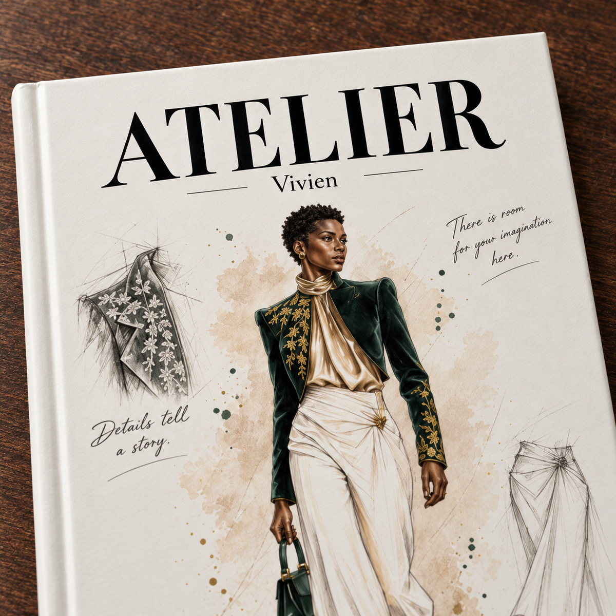 A hardcover fashion design book titled 'ATELIER Vivien' lies open on a dark wooden surface. The cover features an illustration of a fashion model in a dark green velvet jacket with gold embroidery, cream trousers, and a beige satin top, surrounded by sketch drawings of clothing and elegant script text.