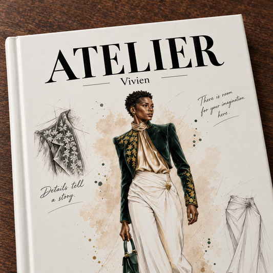 A hardcover fashion design book titled 'ATELIER Vivien' lies open on a dark wooden surface. The cover features an illustration of a fashion model in a dark green velvet jacket with gold embroidery, cream trousers, and a beige satin top, surrounded by sketch drawings of clothing and elegant script text.