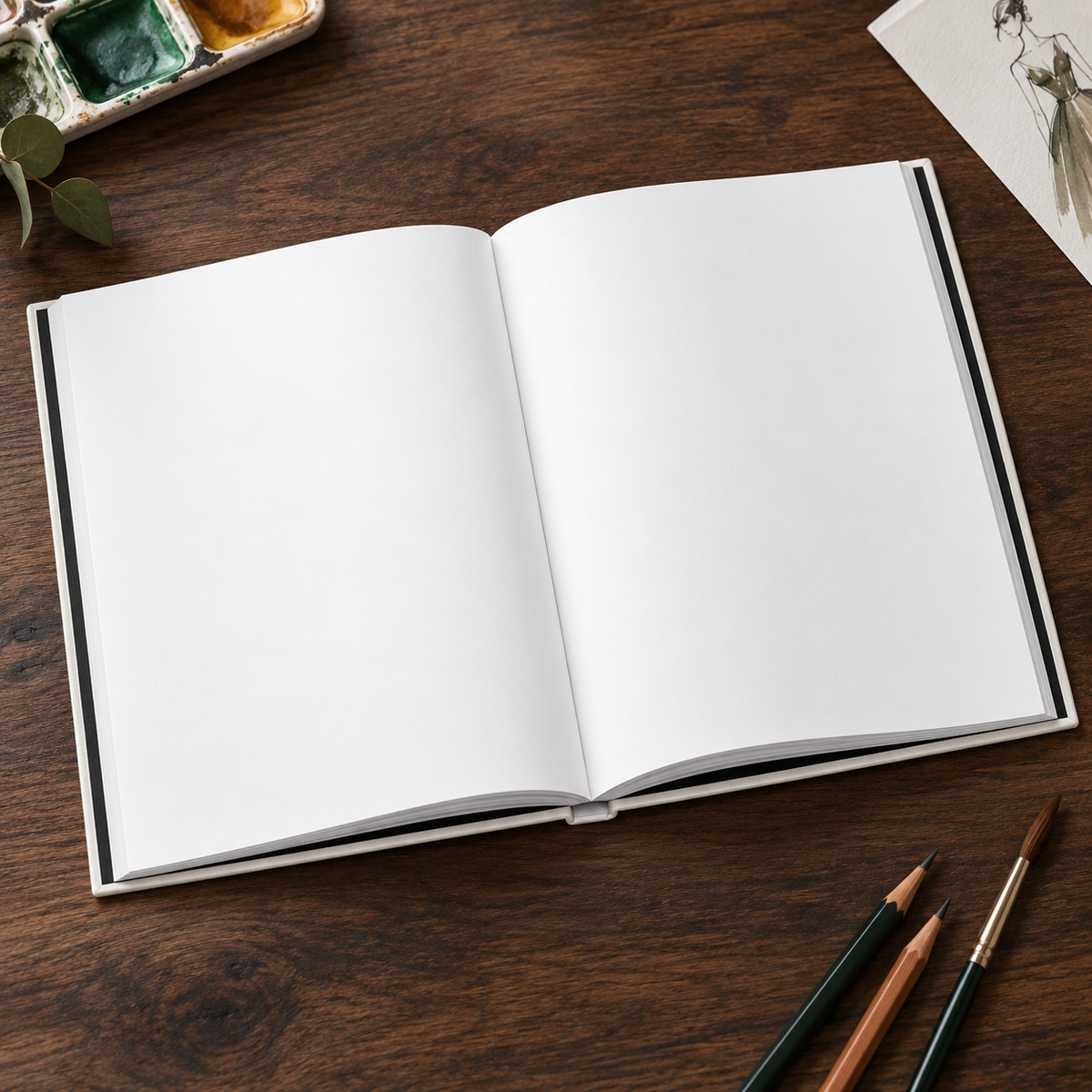 An open blank notebook with white pages lies on a dark wooden table, surrounded by art supplies including a paint palette, pencils, and a paintbrush.