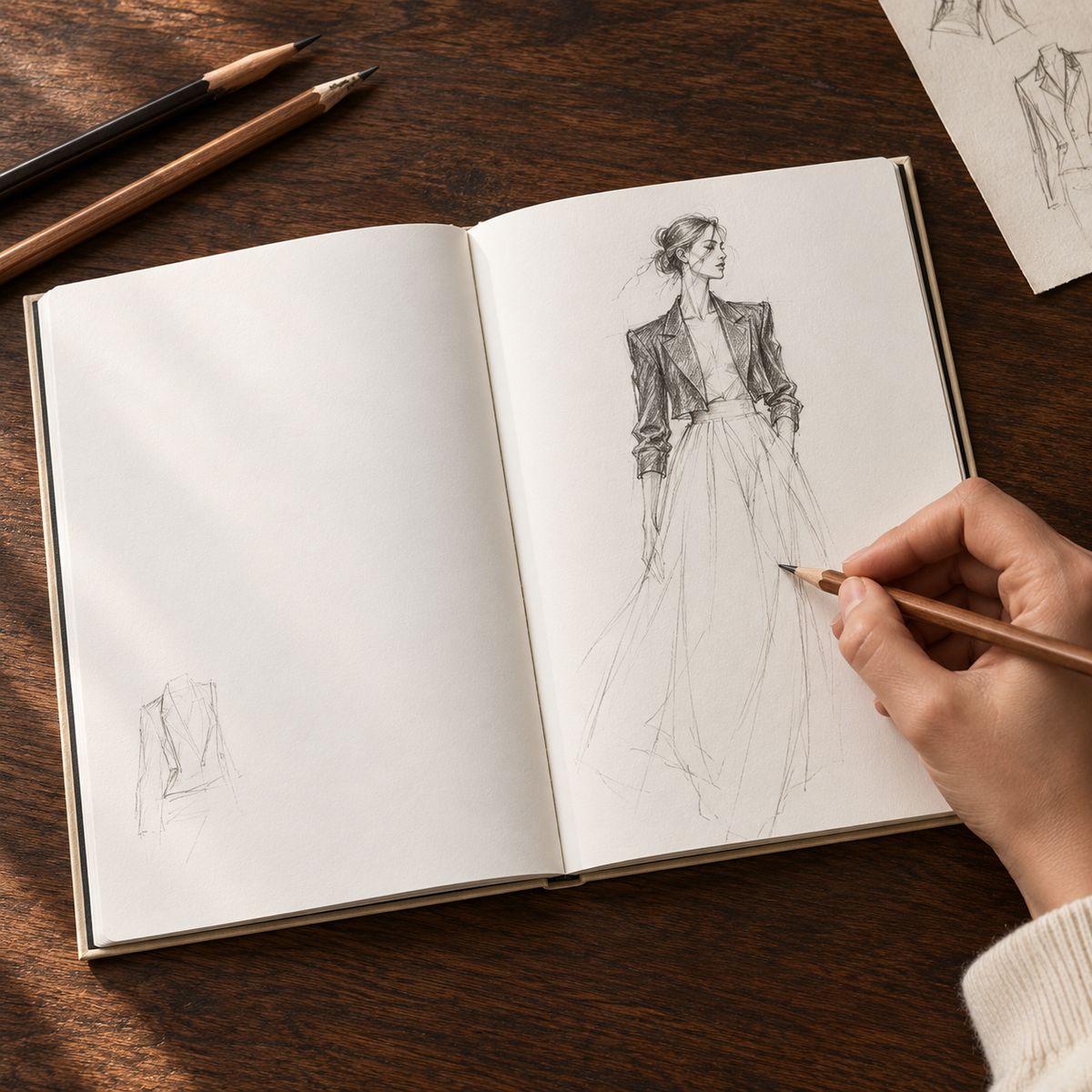 An open sketchbook on a dark wooden table, with a hand drawing a fashion figure in pencil. Several pencils are placed around the notebook, and partial sketch pages are visible at the top right.