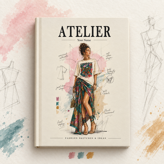 Fashion illustration hardcover journal with beige cover and colorful fashion sketch on front.