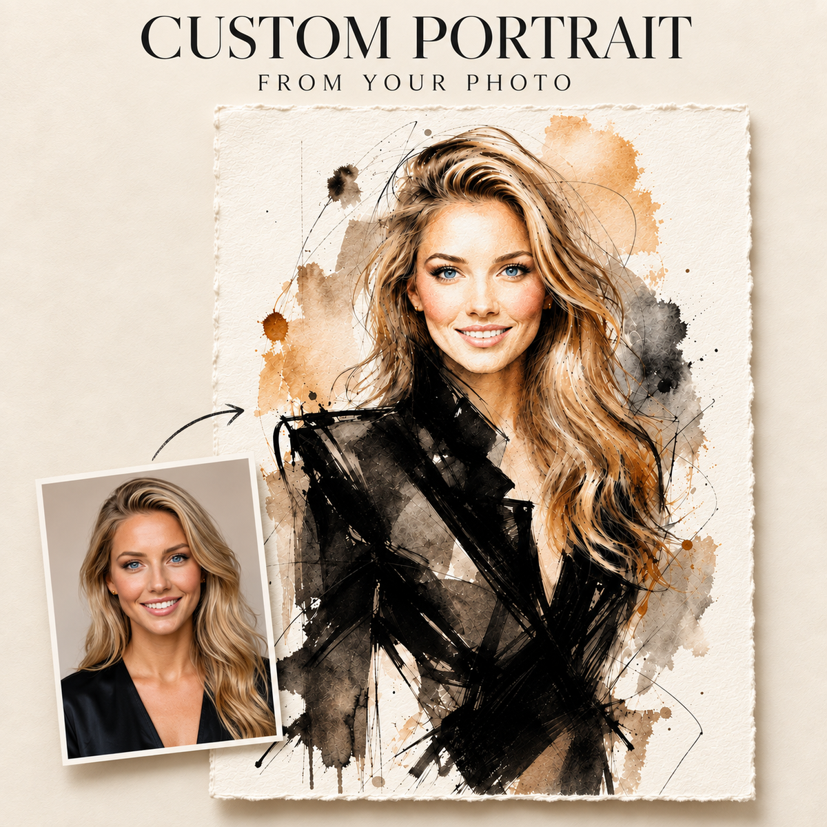 Custom Watercolor Fashion Portrait from Photo, Personalized Physical Poster with Digital Coloring Page, Unique Gift for Her