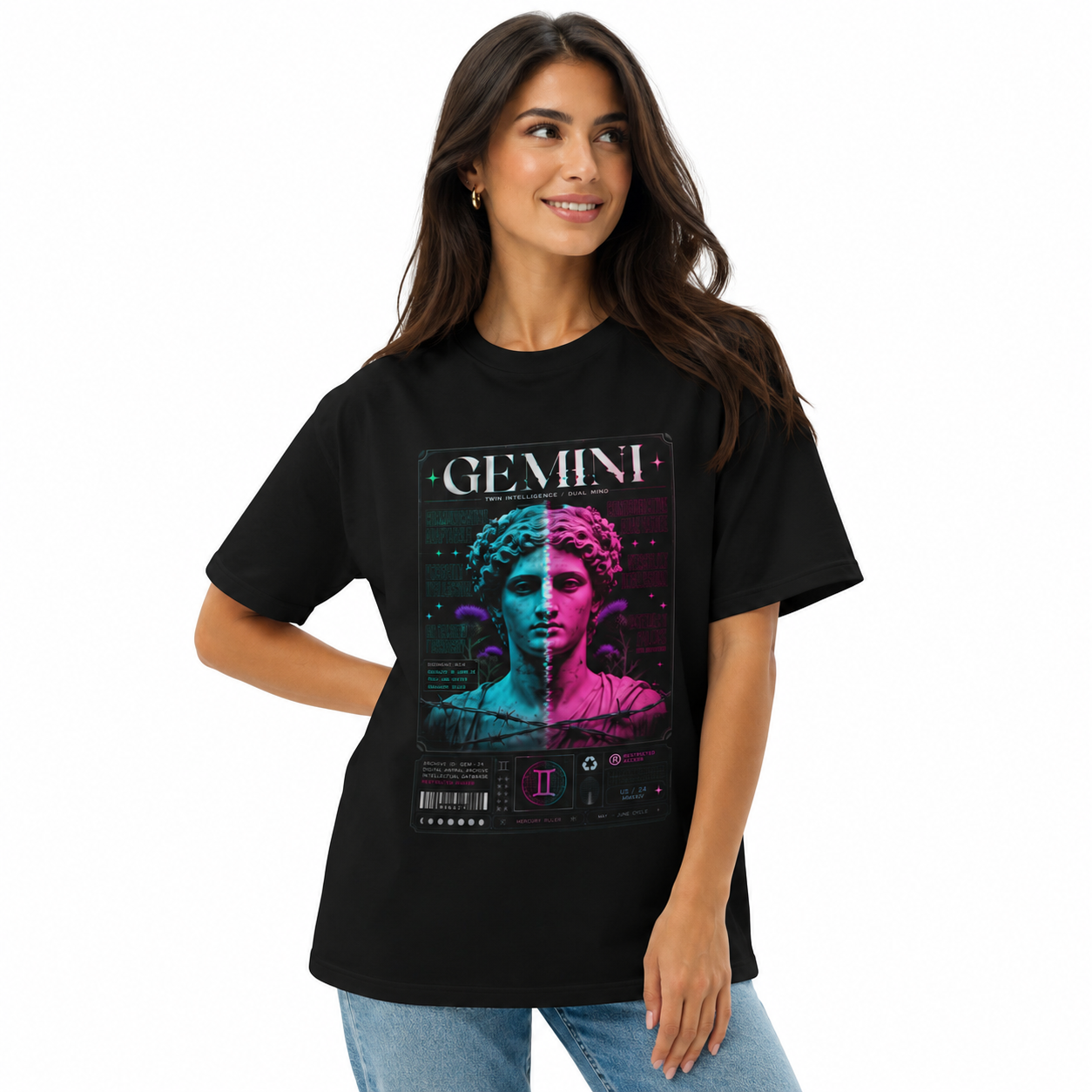 Woman wearing a black t-shirt with a Gemini zodiac design on a white background