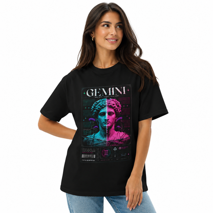 Woman wearing a black t-shirt with a Gemini zodiac design on a white background