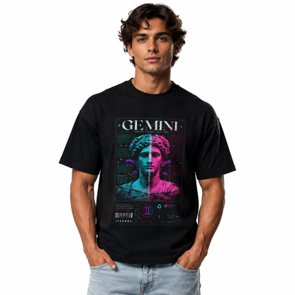 Person wearing a black t-shirt with a graphic design of a classical statue and 'GEMINI' text.