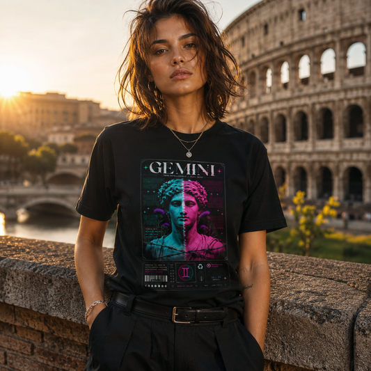Vintage Neon Zodiac Tee — Gemini Statue Graphic T-Shirt