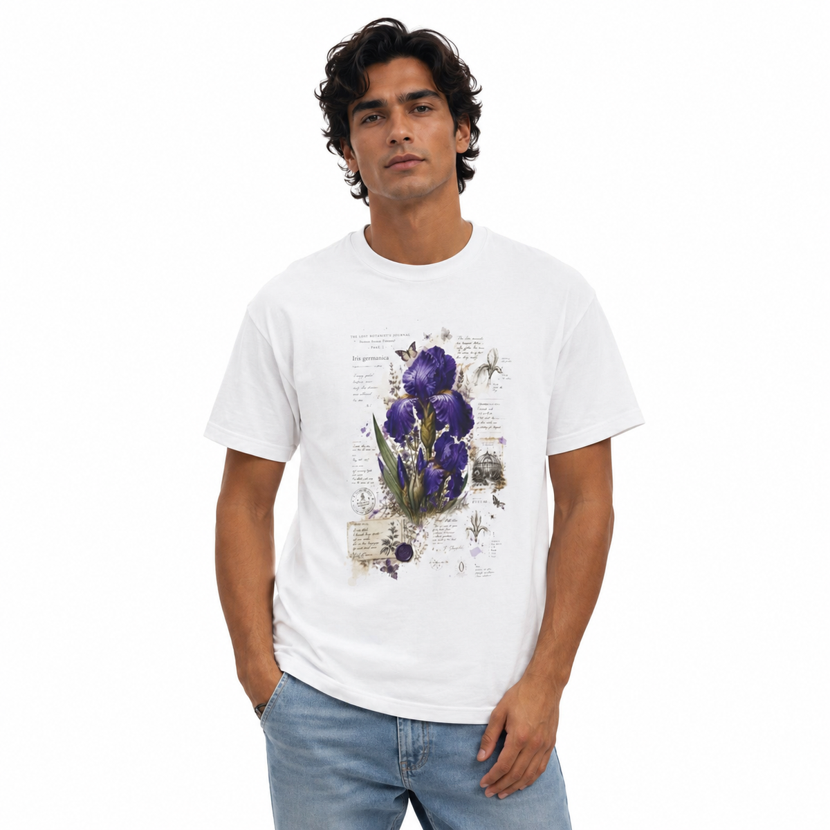 A young man with curly brown hair wearing a white short-sleeve t-shirt with a vintage-style purple iris flower graphic on the front, paired with light blue jeans, set against a plain white background.