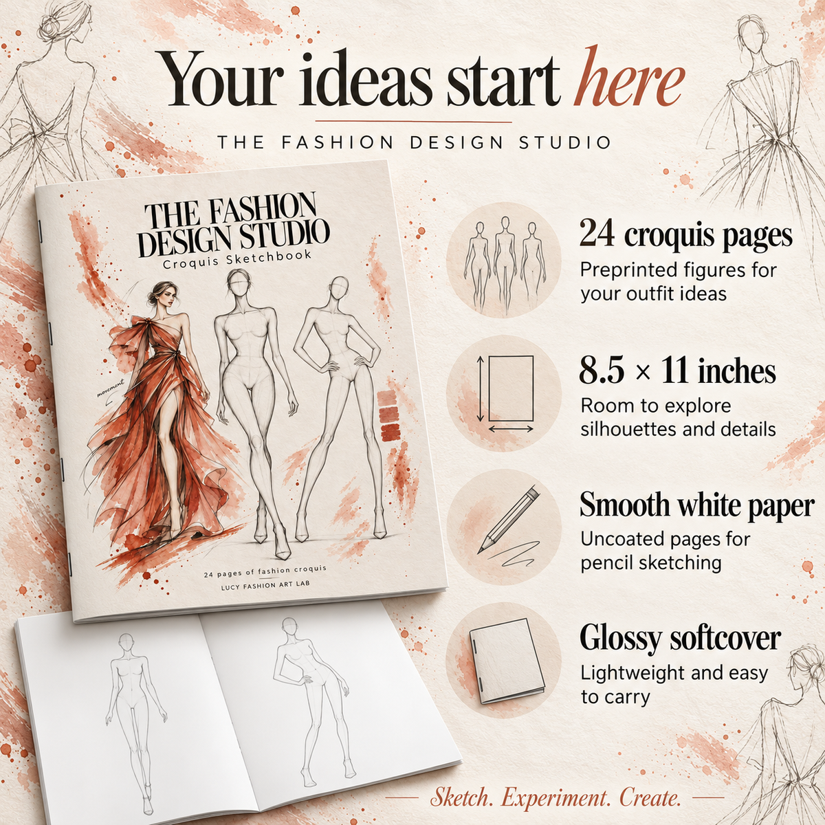 Fashion Design Sketchbook with Croquis Templates, 24 Pages, 8.5 × 11 Inches