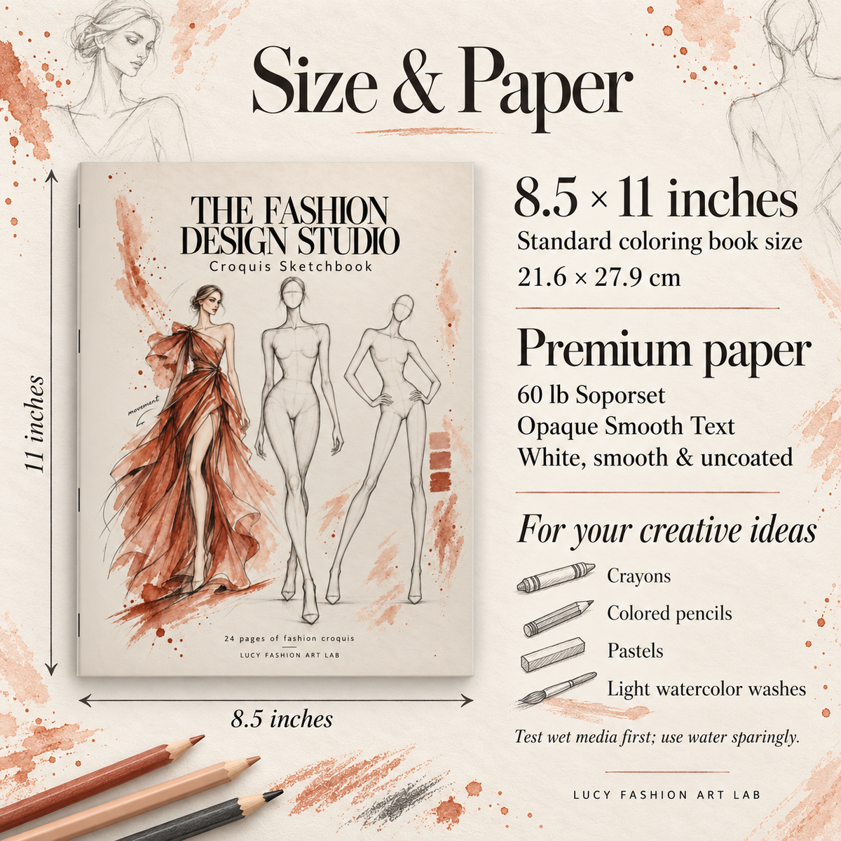 Fashion Design Sketchbook with Croquis Templates, 24 Pages, 8.5 × 11 Inches