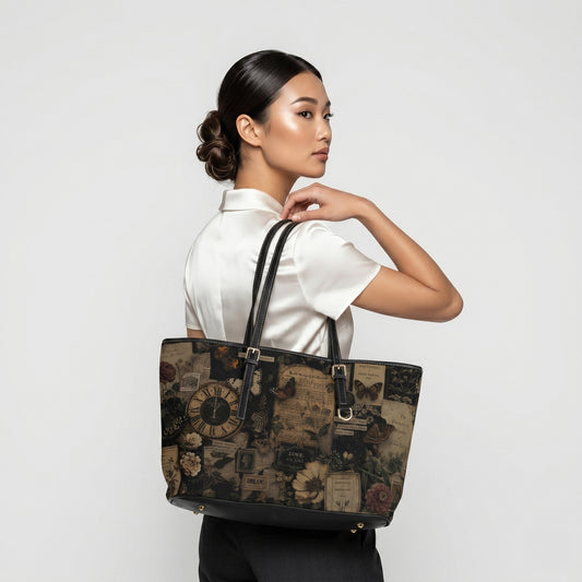 Woman holding a decorative tote bag against a plain background