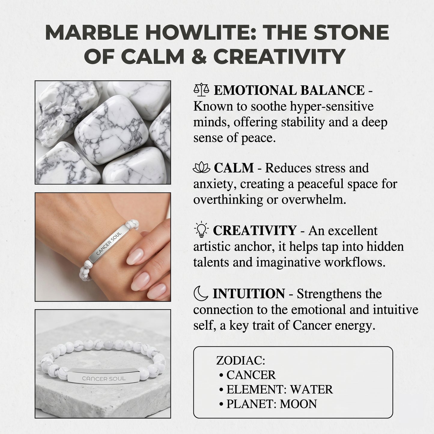 Cancer Zodiac Engraved Stone Bar Bracelet — Personalized Gift