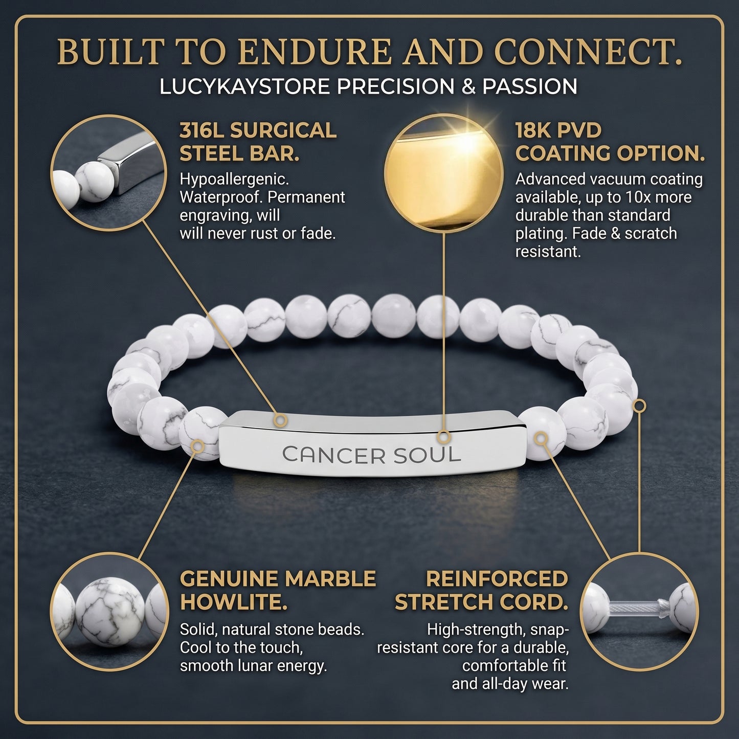 Cancer Zodiac Engraved Stone Bar Bracelet — Personalized Gift