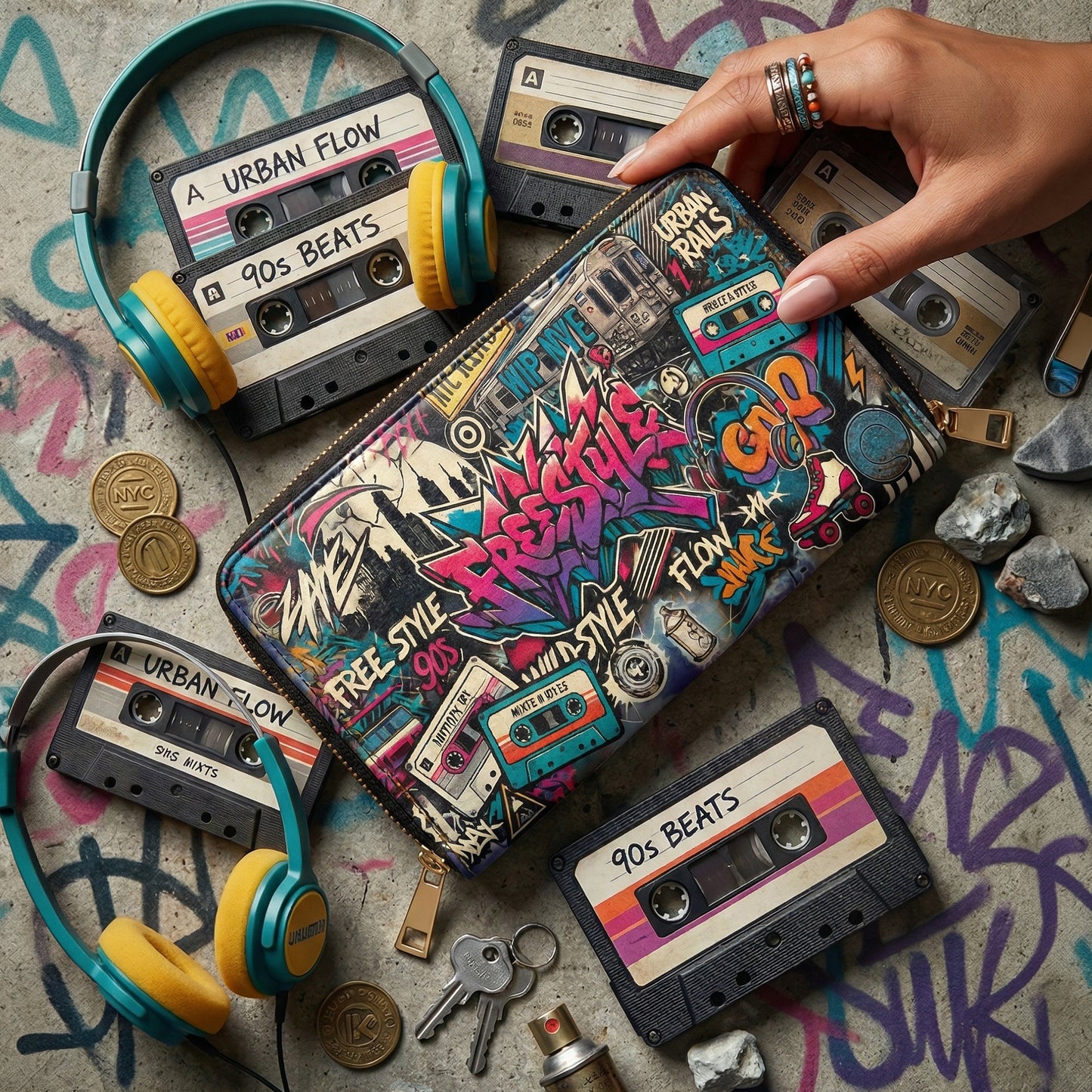 Graffiti Zipper Wallet – 90s Street Art Style, PU Leather - LucyKay store