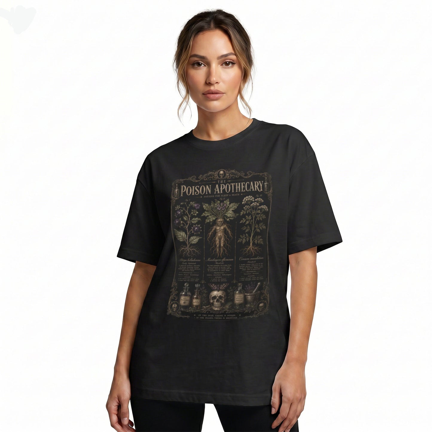 Black oversized t-shirt mockup featuring poison apothecary dark botanical graphic print — front view on neutral background