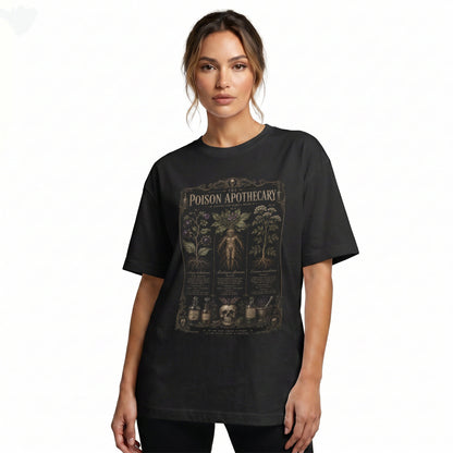 Black oversized t-shirt mockup featuring poison apothecary dark botanical graphic print — front view on neutral background