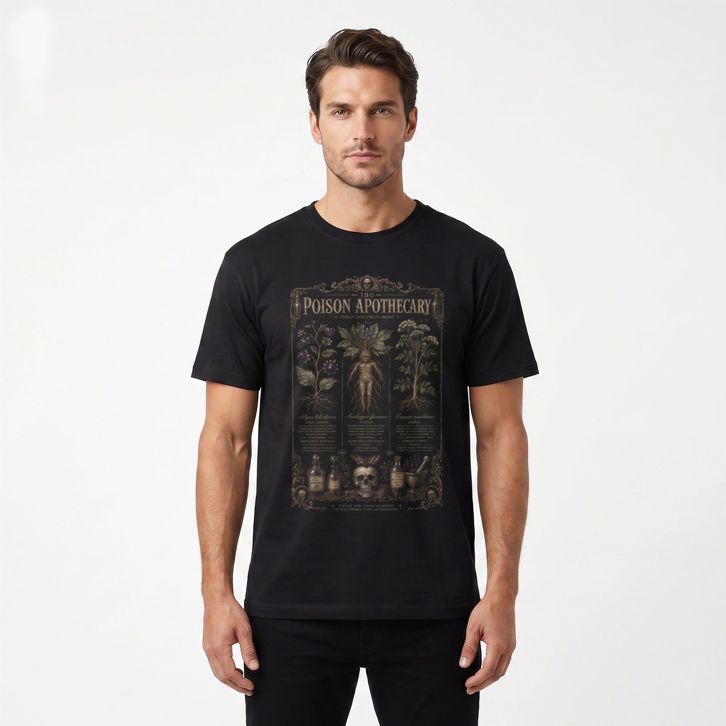 Man wearing black oversized poison apothecary graphic tee — dark botanical print, relaxed boxy fit, alternative gothic streetwear style