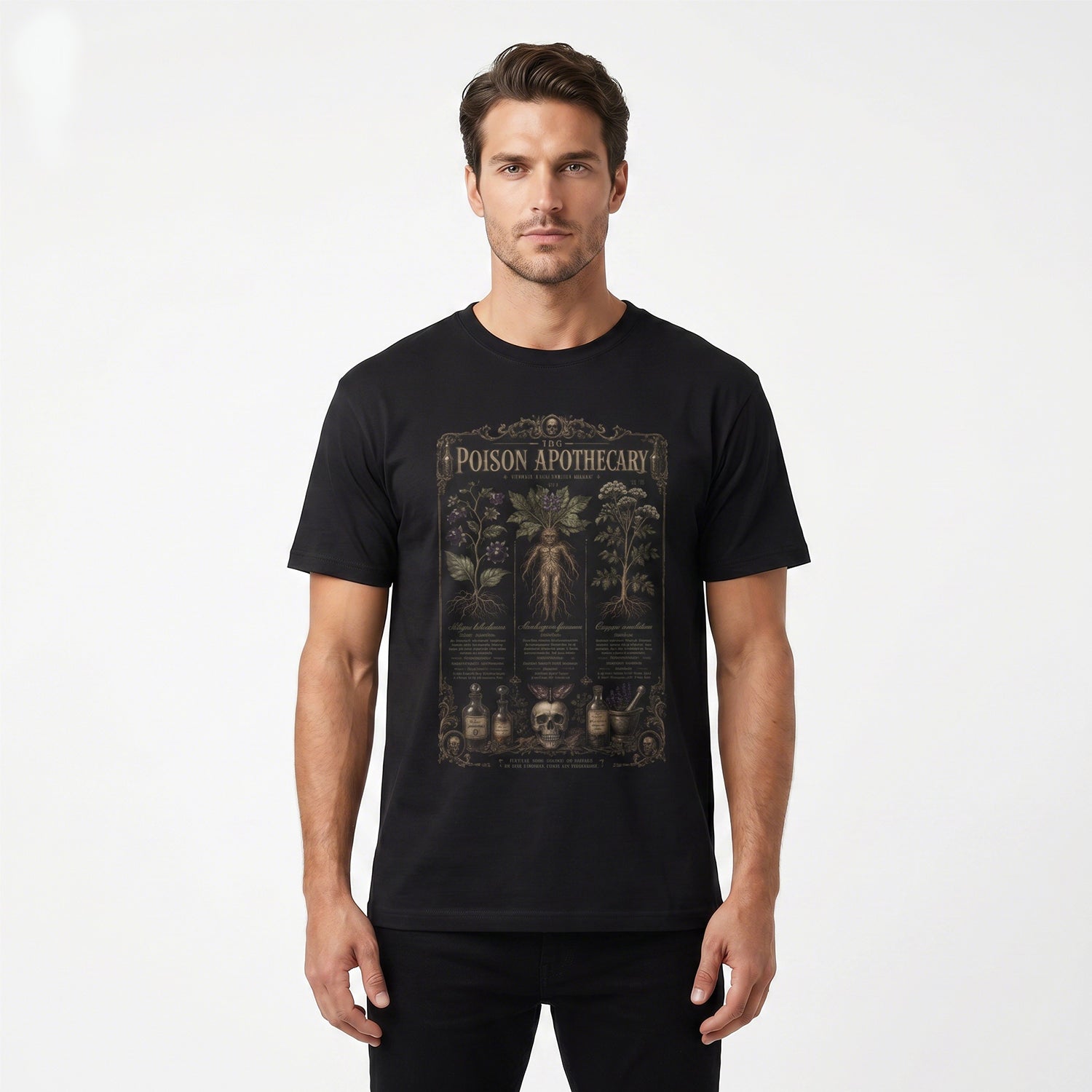 Man wearing black oversized poison apothecary graphic tee — dark botanical print, relaxed boxy fit, alternative gothic streetwear style