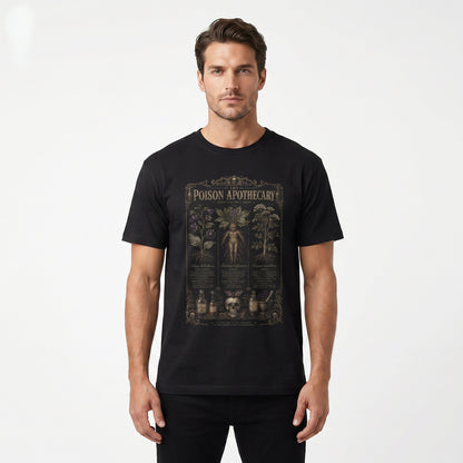Man wearing black oversized poison apothecary graphic tee — dark botanical print, relaxed boxy fit, alternative gothic streetwear style