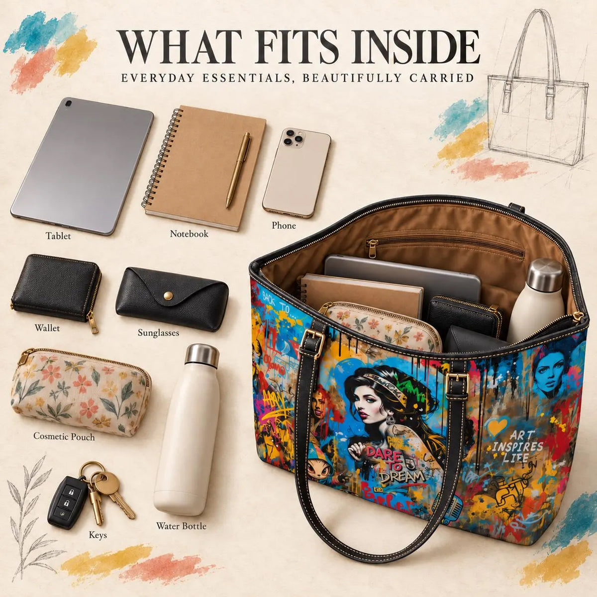 A tote bag with colorful graffiti-style artwork is shown open and filled with everyday essentials, alongside labeled props including a tablet, notebook, phone, wallet, sunglasses, cosmetic pouch, keys, water bottle, and a second bottle. The bag has black handles and a brown interior.