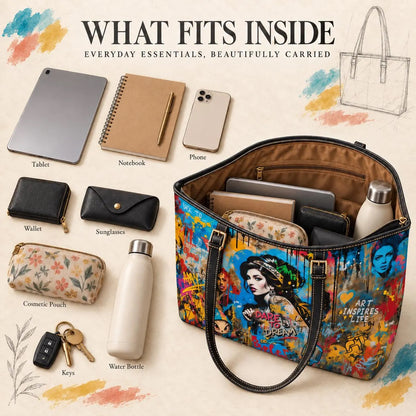 A tote bag with colorful graffiti-style artwork is shown open and filled with everyday essentials, alongside labeled props including a tablet, notebook, phone, wallet, sunglasses, cosmetic pouch, keys, water bottle, and a second bottle. The bag has black handles and a brown interior.