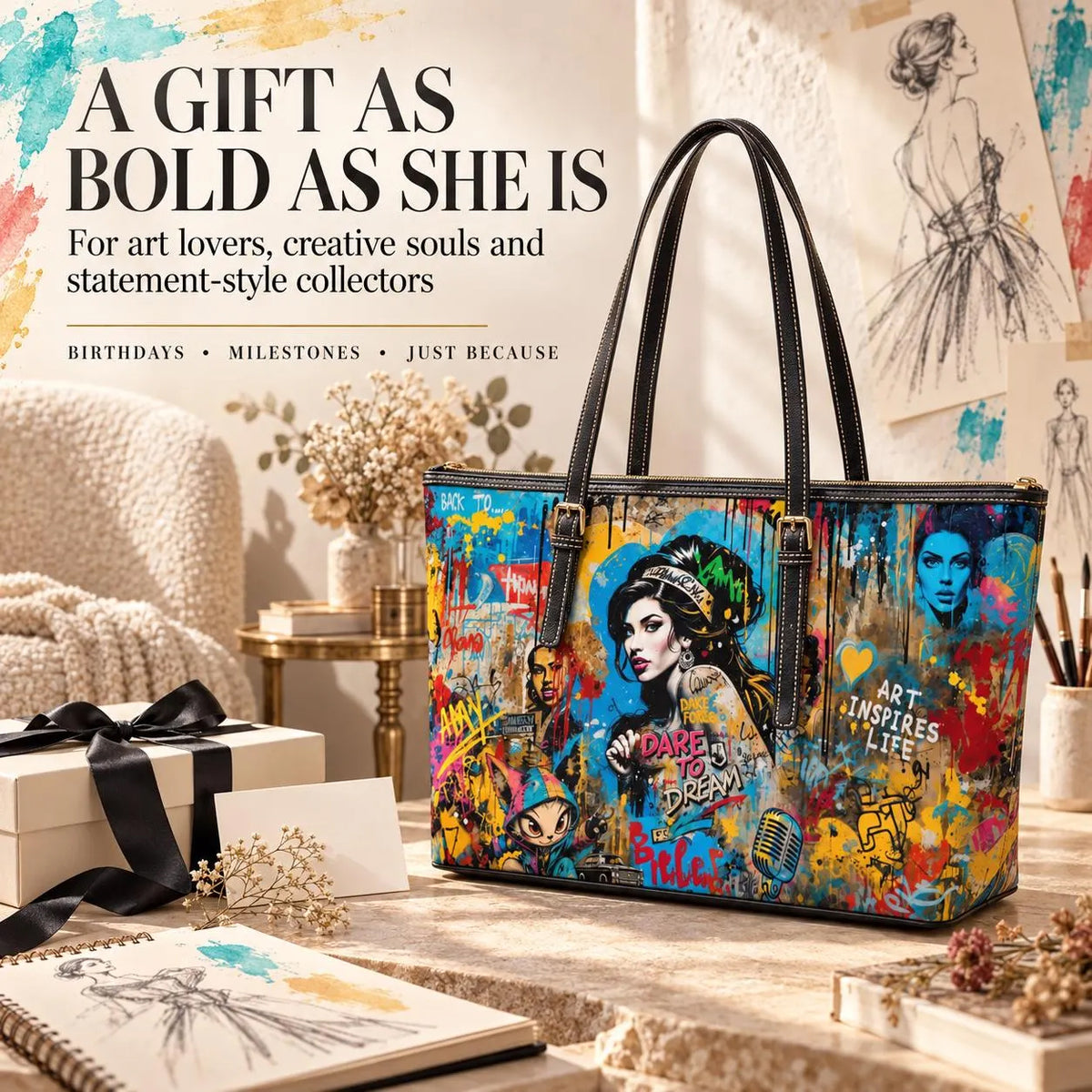 A colorful tote bag with black handles stands on a table in a styled room setting. The bag features a vibrant graffiti-style art print with portraits, paint splatters, and text.