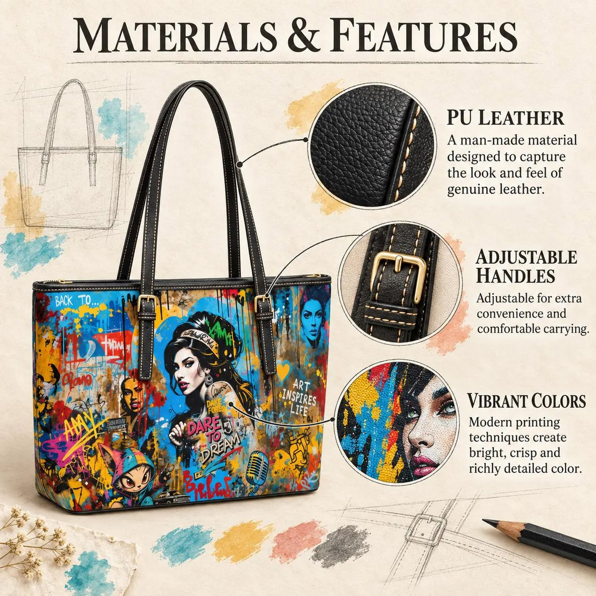 A tote bag with a colorful graffiti-style art print is shown on a beige illustrated background with callout circles highlighting material details: PU leather texture, adjustable handles, and vibrant color print. The headline reads 'MATERIALS & FEATURES'.