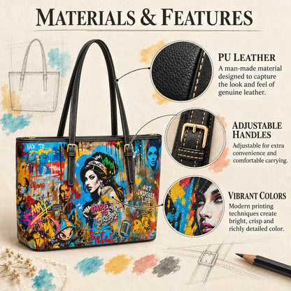 A tote bag with a colorful graffiti-style art print is shown on a beige illustrated background with callout circles highlighting material details: PU leather texture, adjustable handles, and vibrant color print. The headline reads 'MATERIALS & FEATURES'.
