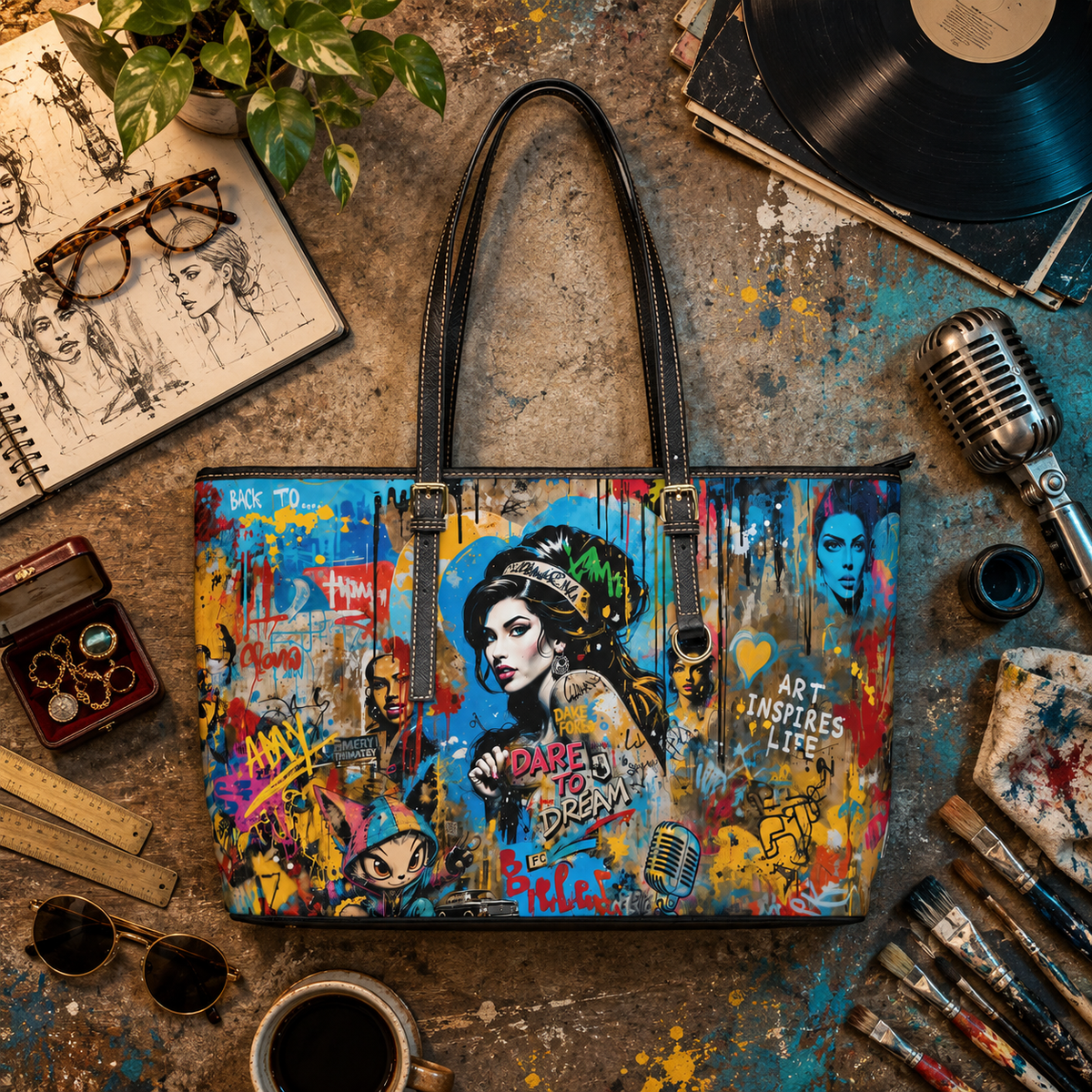 A colorful tote bag with black handles and straps, decorated with a vibrant graffiti-style art print featuring a woman's portrait, a microphone, and paint splatters. The bag is styled in a creative studio setup surrounded by a vintage microphone, glasses, a notebook, a cup, and paintbrushes.