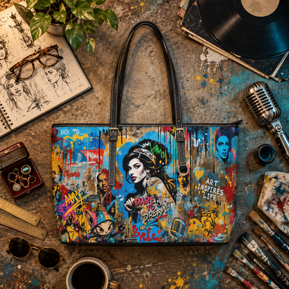 A colorful tote bag with black handles and straps, decorated with a vibrant graffiti-style art print featuring a woman's portrait, a microphone, and paint splatters. The bag is styled in a creative studio setup surrounded by a vintage microphone, glasses, a notebook, a cup, and paintbrushes.