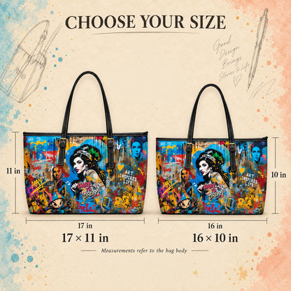 Two tote bags with colorful graffiti-style art prints are shown on a beige background with size callouts. The left bag is labeled 17 in by 11 in, and the right bag is labeled 16 in by 10 in.