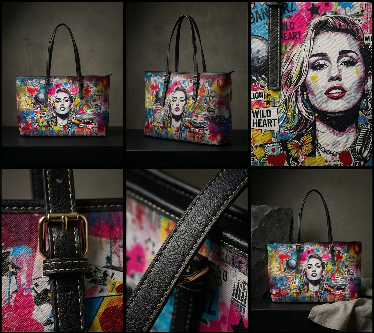 Graffiti Shoulder Bag - Pop Art Miley Cyrus PU Leather Tote - LucyKay store