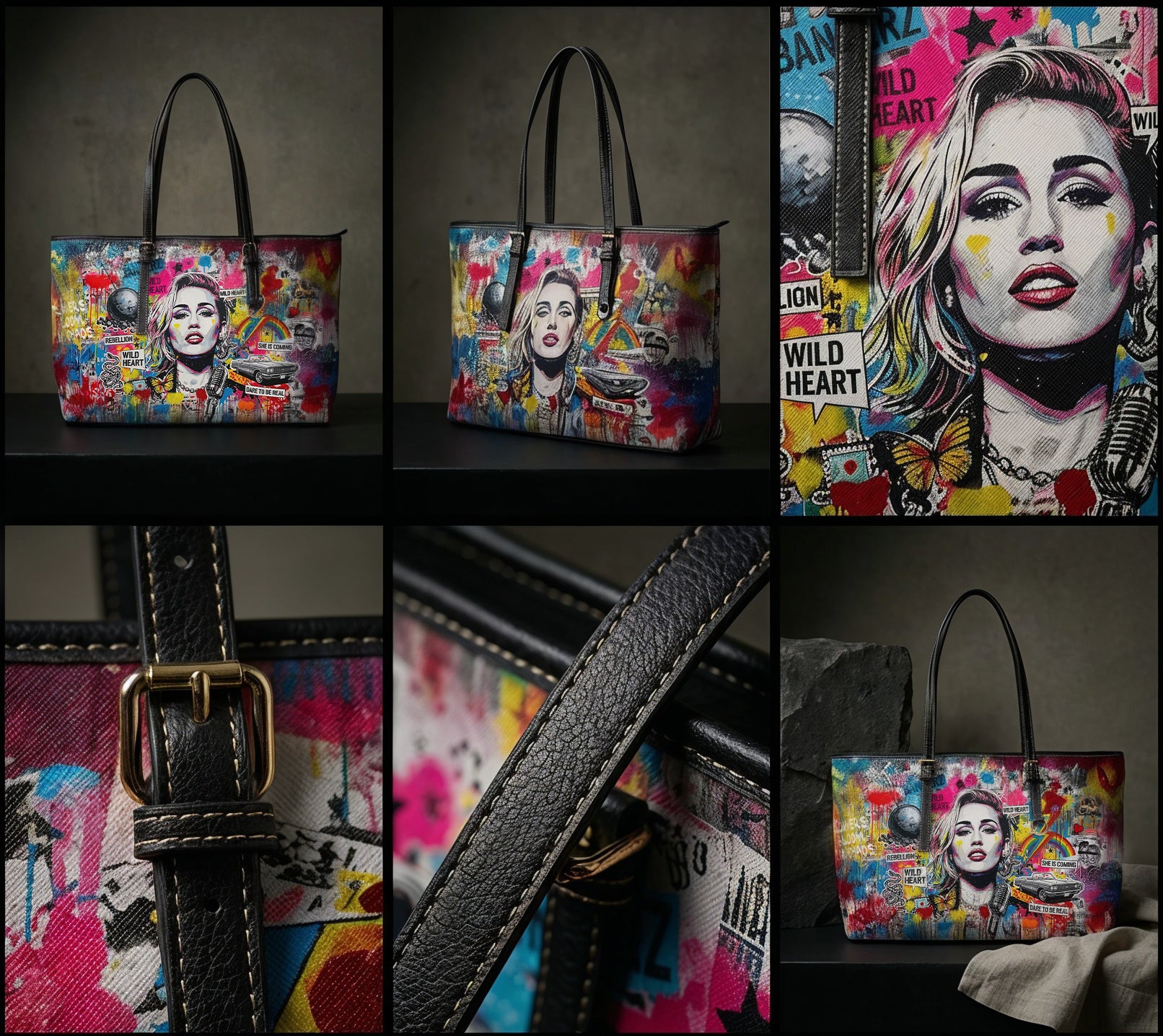 Graffiti Shoulder Bag - Pop Art Miley Cyrus PU Leather Tote - LucyKay store