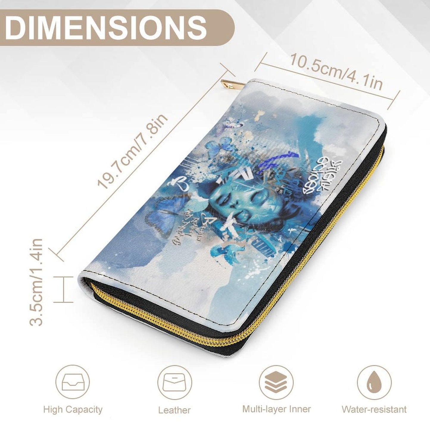Silent Echoes Art Print Wallet – Blue Watercolor Street Art Zip Purse - LucyKay store