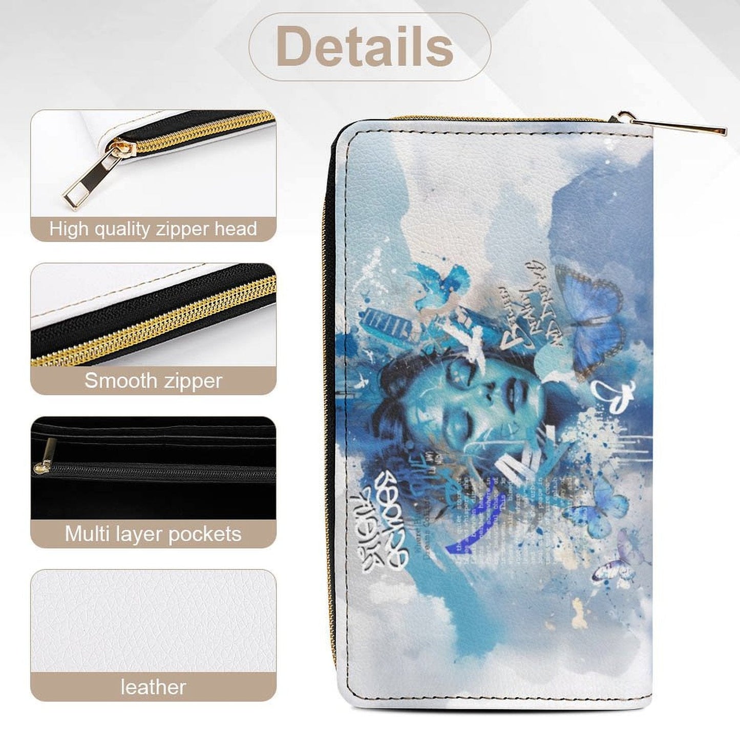 Silent Echoes Art Print Wallet – Blue Watercolor Street Art Zip Purse - LucyKay store