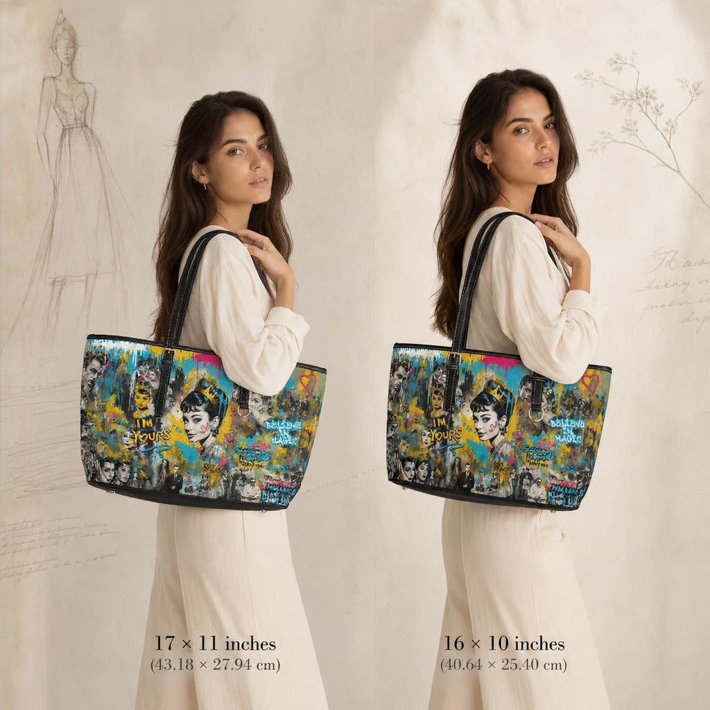A woman wearing a white dress is shown twice from the back, each carrying a large tote bag with colorful graffiti-style artwork. The left bag is labeled 17 x 11 inches, and the right bag is labeled 16 x 10 inches.
