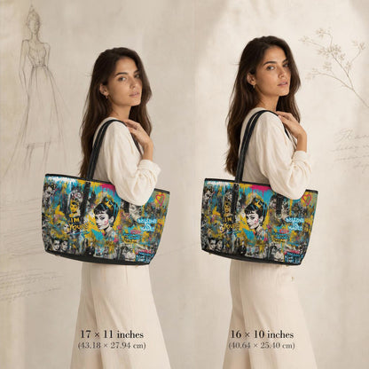 A woman wearing a white dress is shown twice from the back, each carrying a large tote bag with colorful graffiti-style artwork. The left bag is labeled 17 x 11 inches, and the right bag is labeled 16 x 10 inches.