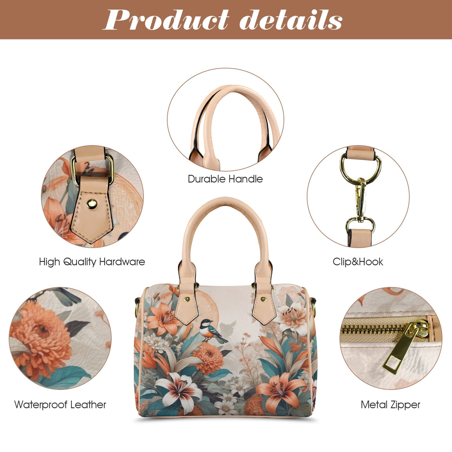 Elegant PU Leather Handbag with Floral & Bird Print - LucyKay store
