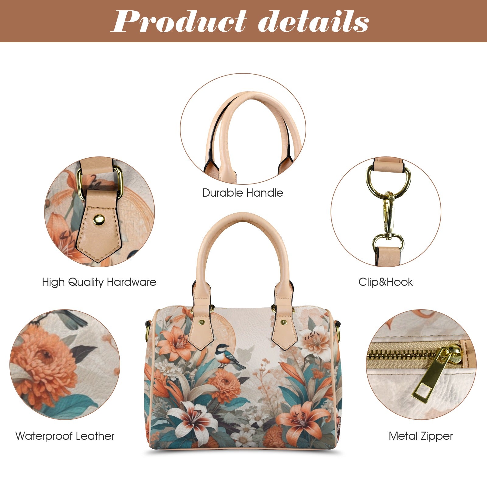 Elegant PU Leather Handbag with Floral & Bird Print - LucyKay store
