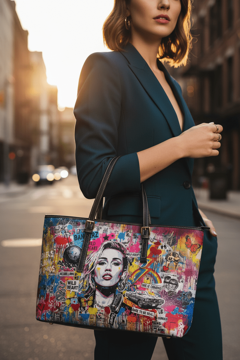 Graffiti Shoulder Bag - Pop Art Miley Cyrus PU Leather Tote - LucyKay store