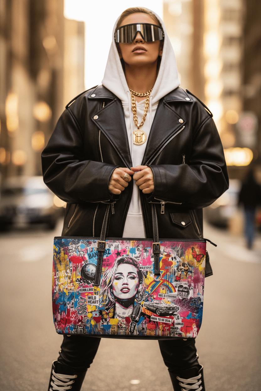 Graffiti Shoulder Bag - Pop Art Miley Cyrus PU Leather Tote - LucyKay store