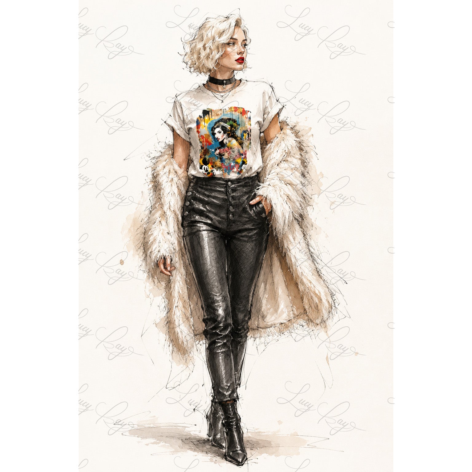Woman wearing a graphic t-shirt, black leather pants, and a fur coat on a white background