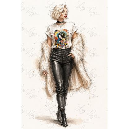 Woman wearing a graphic t-shirt, black leather pants, and a fur coat on a white background