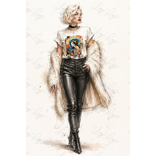 Woman wearing a graphic t-shirt, black leather pants, and a fur coat on a white background