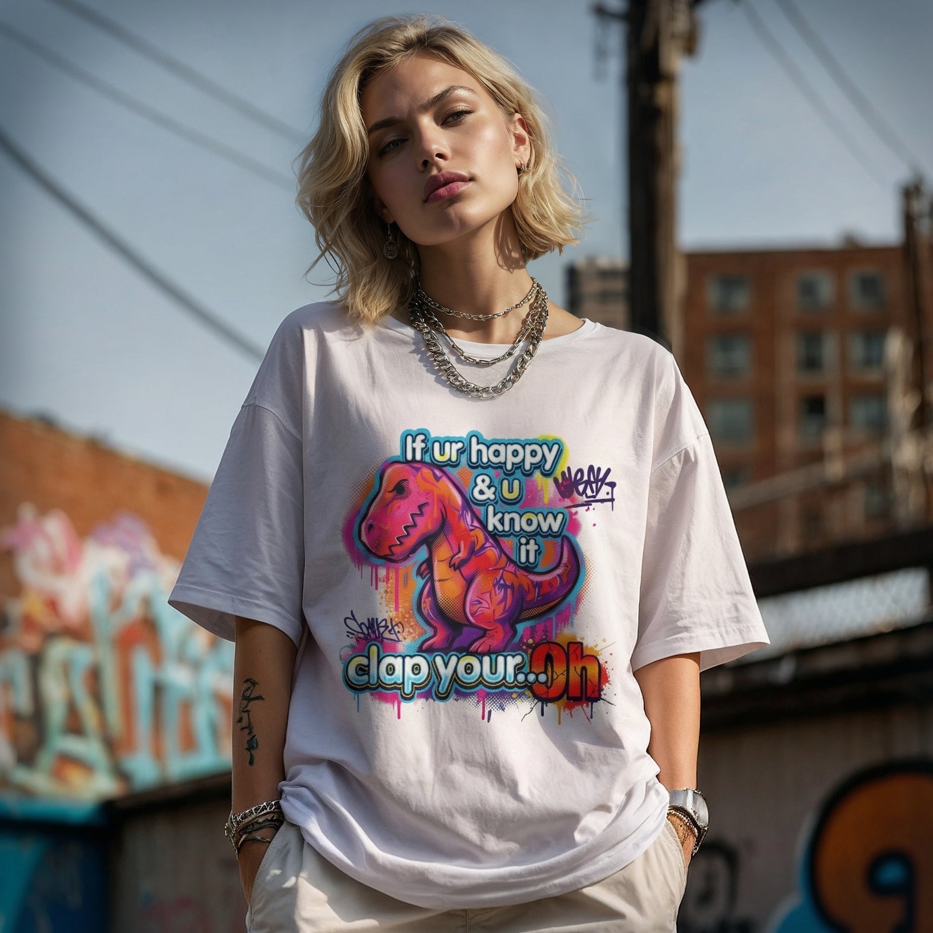 Funny Dinosaur T-Shirt - If Ur Happy Clap Your Oh Graffiti Tee - LucyKay store