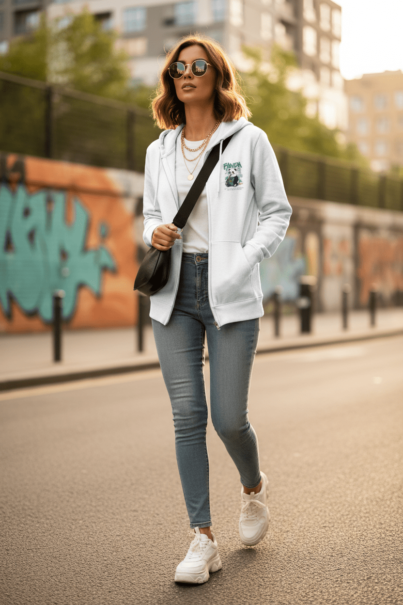Panda Zip - Up Hoodie | Cute Bamboo Graphic White Sweatshirt - LucyKay store