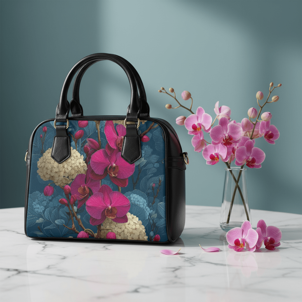 Floral Orchid Shoulder Handbag – PU Leather, Black - LucyKay store